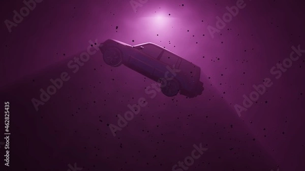 Obraz Car floating in fog, water, mist. Astral plane. Silhouette. 3d render illustration with sharp volumetric light rays