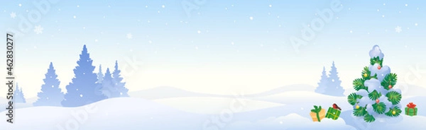 Obraz Vector cartoon illustration of Christmas tree, winter panoramic landscape
