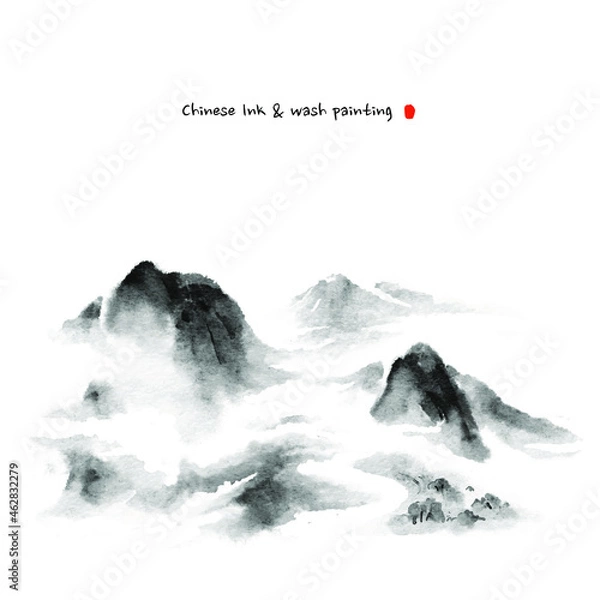 Obraz Hand-drawn Chinese ink wash painting of clouds and mountains.