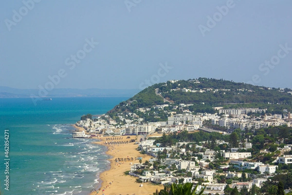 Fototapeta Tunisia, Africa - August, 2012: View on the Birsa hill, Marsa Beach and the city of Tunis