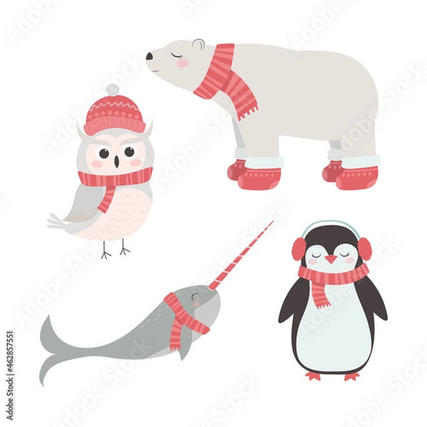 Obraz Set of cute animals in winter hats and scarves, penguin, snowy owl, polar bear, narwhal. Christmas and New Year concept.