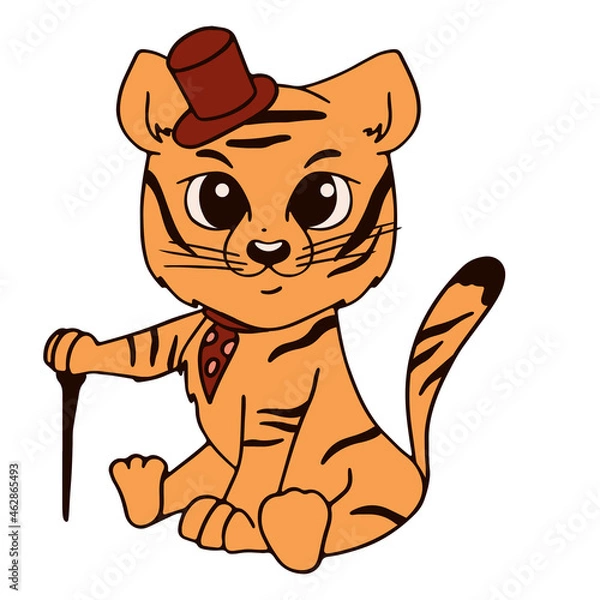 Fototapeta A tiger cub is sitting in a hat with a cane in its paw. Vector illustration in cartoon style. Childrens illustrations isolated on white background.