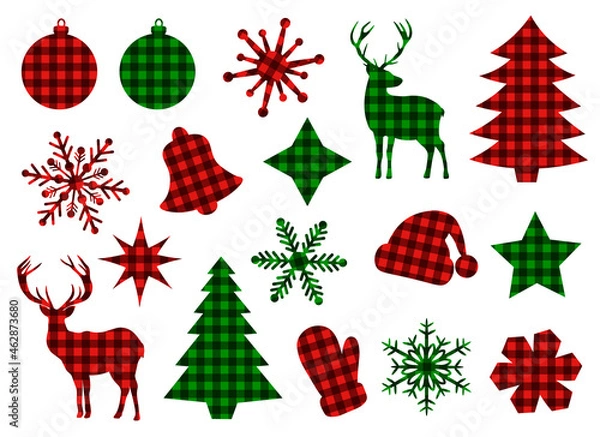Obraz Set Christmas elements buffalo plaid vector illustration