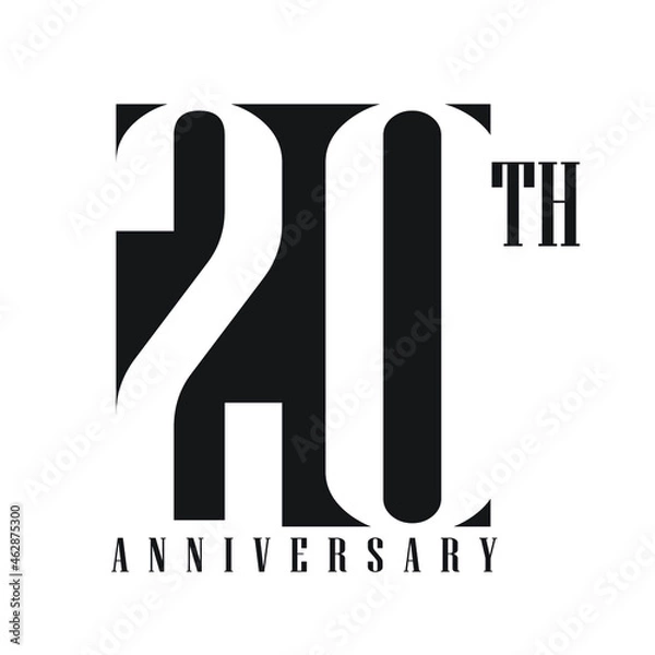 Obraz twenty years anniversary, minimalist logo. 20th jubilee, greeting card. Birthday invitations. 250 year mark. Illustration of black negative space on a white background