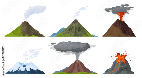 Obraz Erupting volcano set vector flat illustration. Natural volcanic activity with magma, smoke, ashes