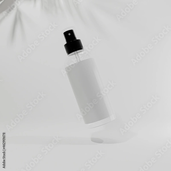 Fototapeta white plastic bottle flying  with a white label for mockup and white background with palm shadow