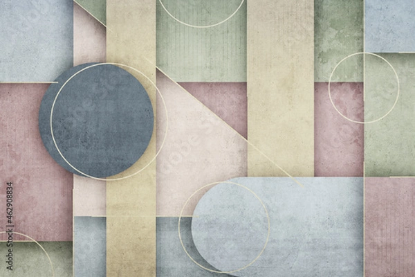 Fototapeta Grunge photo wallpaper with geometric abstraction on concrete background. Illustration for wallpaper, fresco, mural.