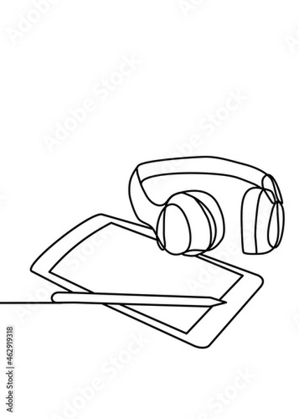 Obraz One continuous line drawing, technology headphone cable with laptop