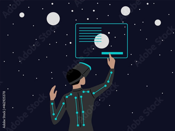 Obraz Metaverse concept art. Man in Virtual glasses and VR suit in Metaverse. Vector illustration.