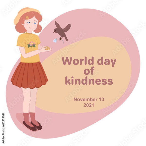 Fototapeta World day of kindness. A young girl is feeding a bird. A girl and a bird with a flower in flight. Vector illustration.