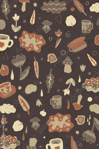 Fototapeta Autumn walk in rainy day. Doodle background pattern. Design for website, prints, menu. Nature cafe, eco friendly, zero waste. Hand drawn. Doodle style vector for postcard, textile, fabric.