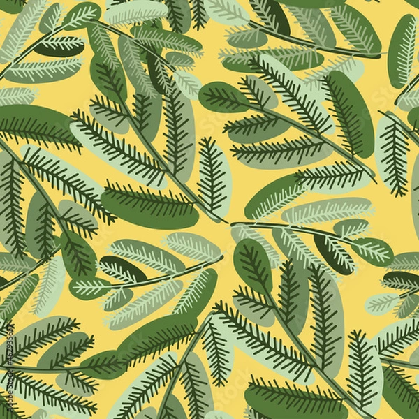 Fototapeta Vector seamless pattern colorful design with decorative Christmas fir tree branches in yellow and green tones