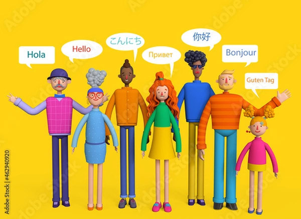 Obraz Group of native speakers say - Hello in different languages. Diverse cultures, international communication concept, club of foreign languages, language learning camp, Trendy 3d illustration.