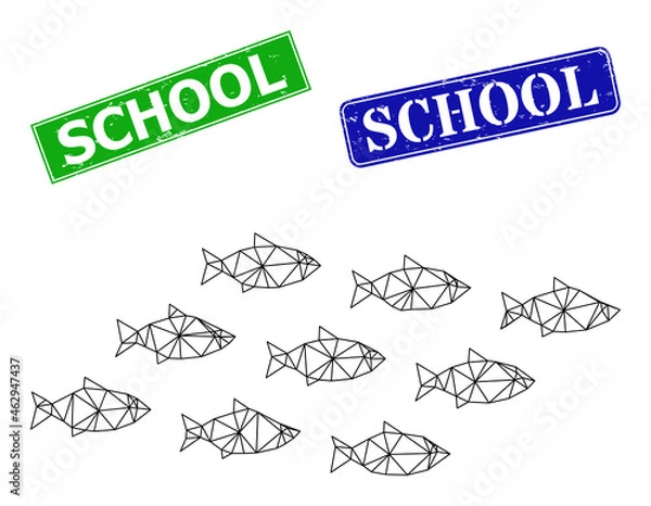 Fototapeta Network school of fish model, and School blue and green rectangular textured badges. Polygonal carcass symbol based on school of fish icon. Stamps contain School tag inside rectangular shape.