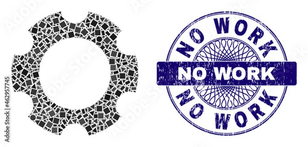 Fototapeta Geometric mosaic gear, and No Work unclean stamp. Violet stamp has No Work tag inside round shape. Vector gear mosaic is designed of random circle, triangle, rectangular dots.