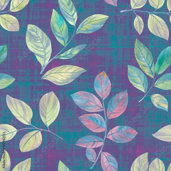 Obraz Decorative leaves seamless pattern on an abstract background. Abstract seamless background of leaves and branches. Botanical watercolor drawing for printing, wallpaper, packaging.