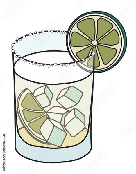 Fototapeta Tommys Margarita classic New Era cocktail in tumbler glass. Tequila based drink garnished slice of lime and salty rim. Stylish doodle cartoon vector illustration good for cards, menu decoration