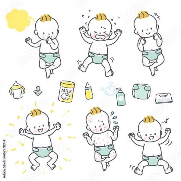 Fototapeta 赤ちゃん表情　イラスト素材セット　全身