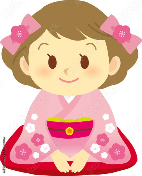 Fototapeta イラスト素材: 着物を着たかわいい人物　主線なし　ニッコリ笑顔の振袖姿な女の子
