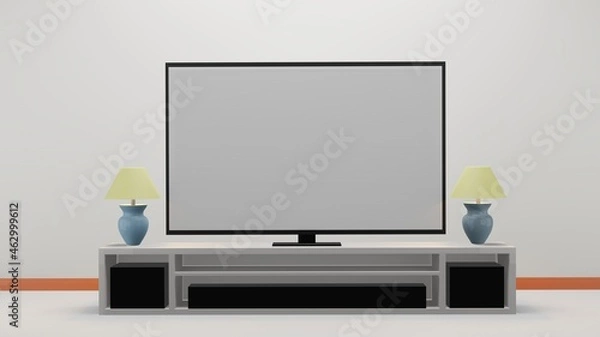 Fototapeta Gray screen TV for product advertisement placed on a cabinet in a modern living room with a table lamp on a white background, 3d rendering