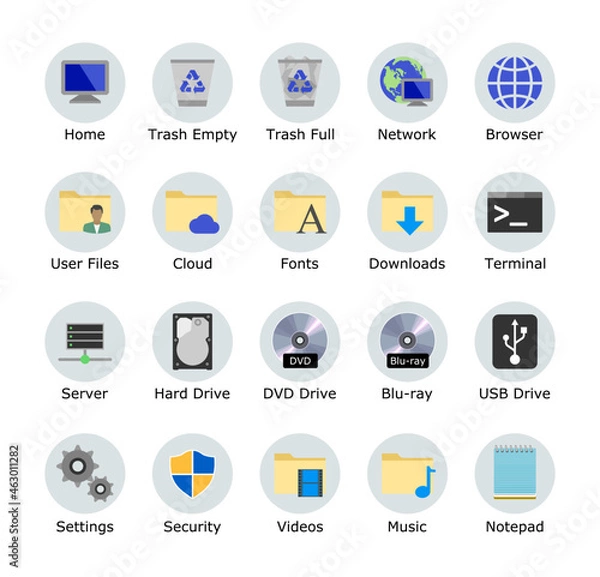 Obraz Desktop icon pack. My computer folder theme. Linux customization icons. Smartphone shortcut signs. System software and devices. Vector illustrations.