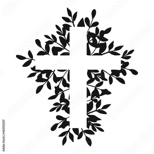 Fototapeta Cross. Black floral religious cross isolated. Christian symbol for Baptism, First Communion, Easter, or Christmas design. Catholic object. Orthodox cross with branches and leaves.