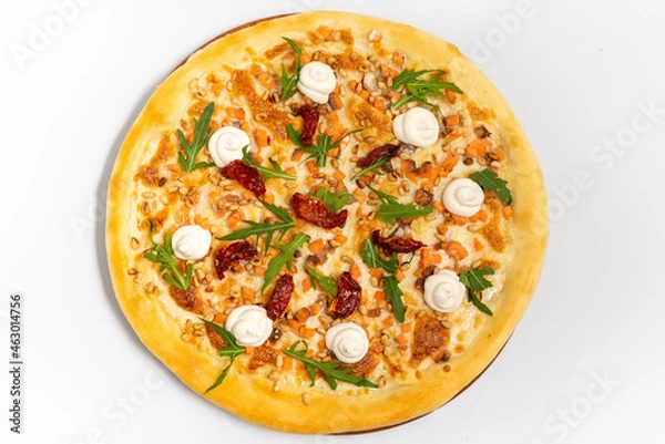 Fototapeta Pizza with salmon and cremette cheese on white top view on a white background
