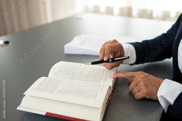 Fototapeta Eine business Person recherchiert in einem Buch