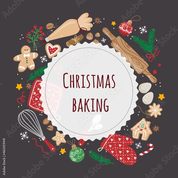 Fototapeta Christmas baking elements concept in round composition. Kitchen utensils,cookies
