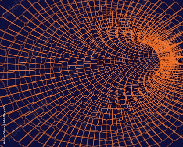 Fototapeta Tunnel or wormhole. Digital wireframe tunnel. 3D tunnel grid. Abstract vector image