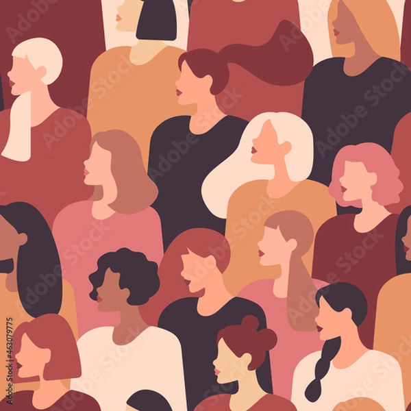 Obraz Female diverse faces of different ethnicity. Vector seamless drawing with women of different nationalities and cultures. Women's struggle for freedom, independence, equality.