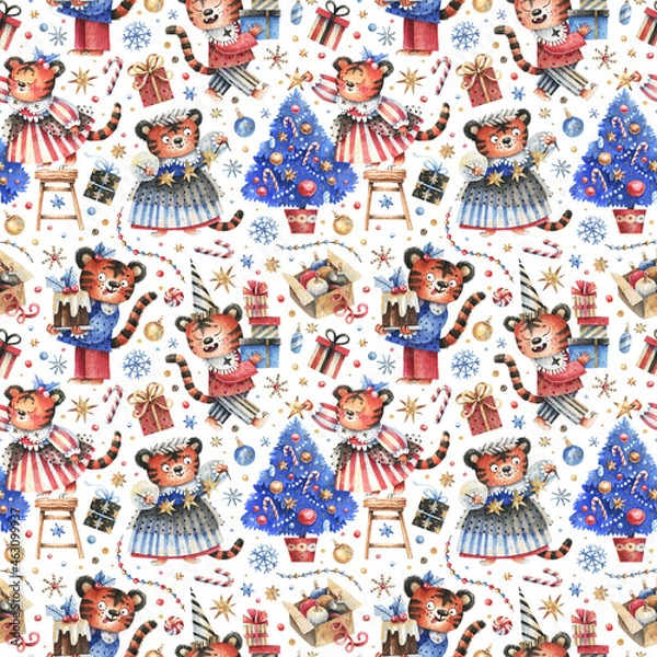 Fototapeta Watercolor hand painted seamless pattern with Christmas illustrations. Cute elements: new year tigers, christmas tree, gifts, garlands, stars. Christmas background with tiger