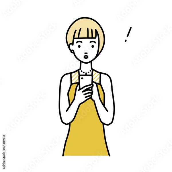 Obraz 立ってスマートフォンを操作して何かに気づいて驚いたドレスの女性