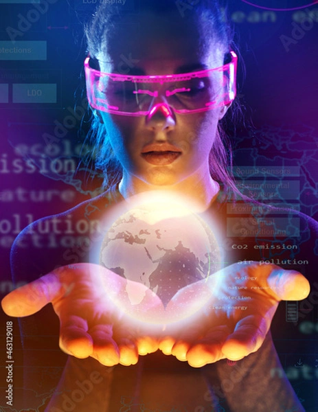 Fototapeta Concept of future technology or entertainment system, virtual reality. Female portrait lit by HUD interface