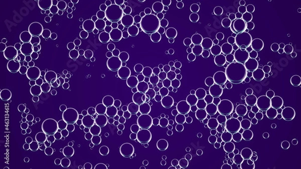 Fototapeta Oil white drops in water. Abstract purple background. Macro shot of various air bubbles in water rising up on light dark background. Suspended spheres of air in oil rest on surface of water