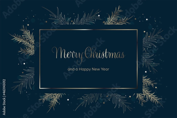 Fototapeta Merry Christmas and a Happy New Year greeting card vector. Blue background with gold frame, spruce branches, bokeh, stars and glare