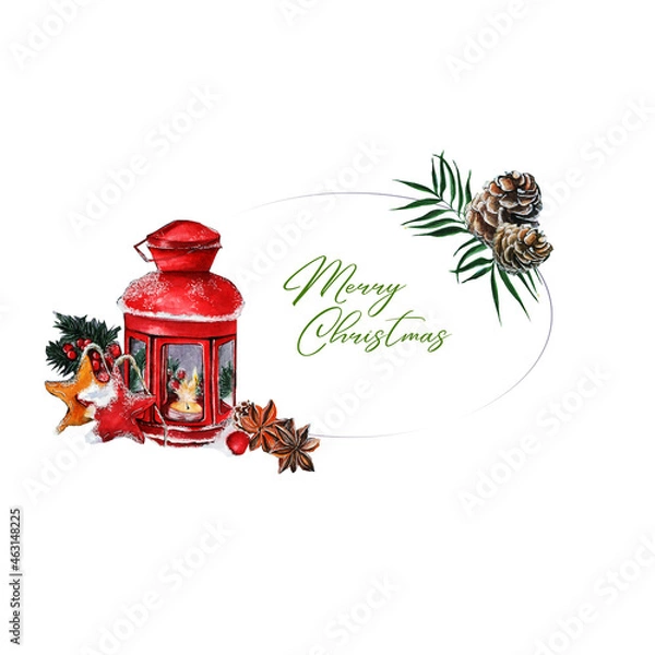 Fototapeta Christmas greeting card. Merry Christmas text in frame decorated with flashlight