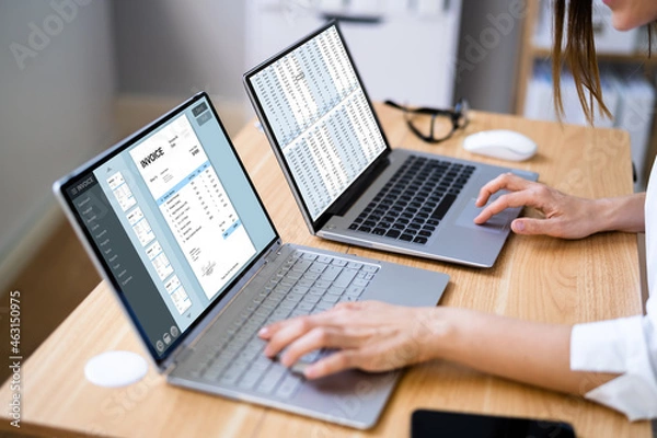 Fototapeta Businesswoman Looking At Invoice On Computer Screen