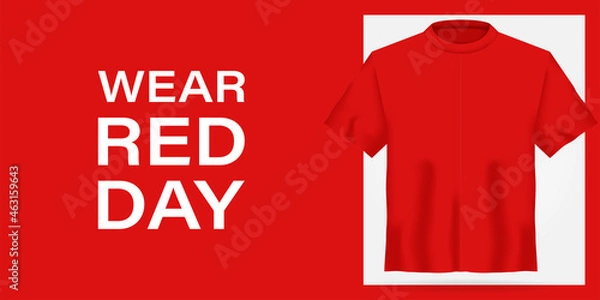 Fototapeta T-shirt mock up with motivation print on red background. 3d realistic shirt template. Tee mockup, front view design, National wear red day. Vector illustration