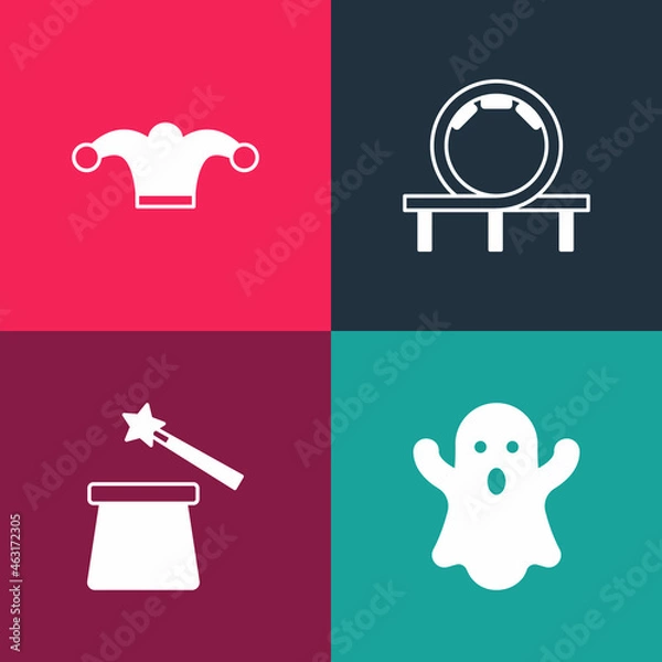 Fototapeta Set pop art Ghost, Magic hat and wand, Roller coaster and Jester with bells icon. Vector