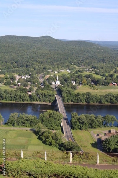 Obraz mountain view town river bridge