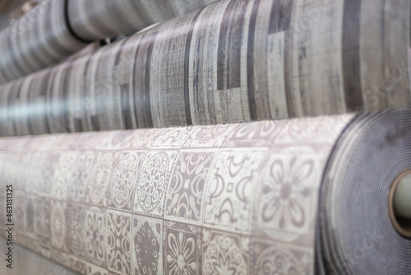 Fototapeta Linoleum of different colors in rolls in a construction store.