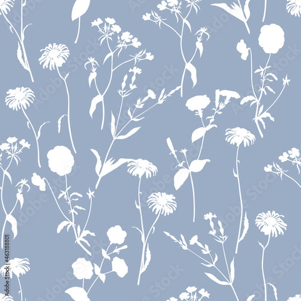 Fototapeta Monochrome floral vector pattern with silhouettes of white flowers. Gray background.