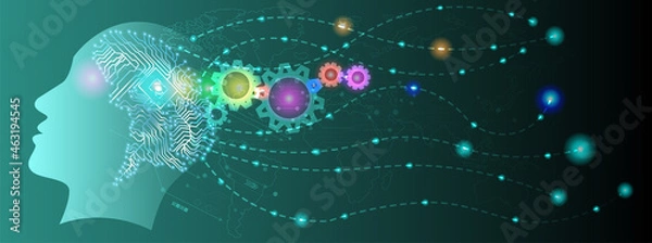 Fototapeta Abstract human head with a line brain network.circle and electricity with blue electronic cycle.Digital data,ai,ascience.Vector Technology background and Artificial intelligence concept.