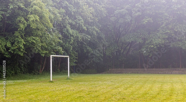 Fototapeta Empty goal in the field on the grass in the park in the fog. Horizontal header banner copy space blog background