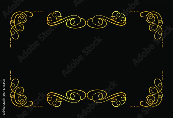 Obraz Vector Vintage Frame, Golden Color, Old Movie Filigrees, Retro Style, Gold Thin Rectangular Frame Template on Black Background, Isolated.