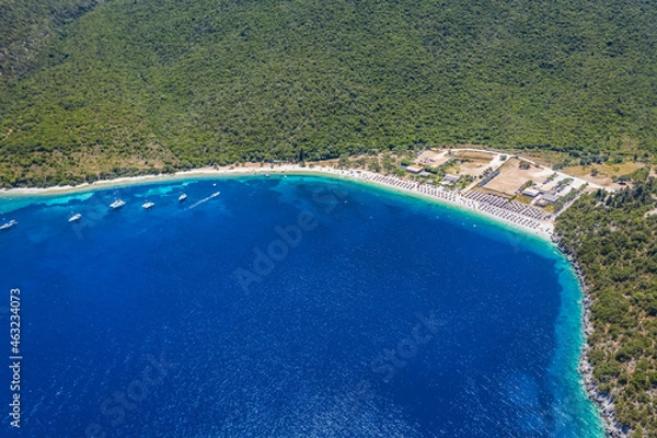 Obraz Aerial view of sunny Antisamos beach on the Kefalonia island, Ionian sea in summer, Greece. Travel vacation concept