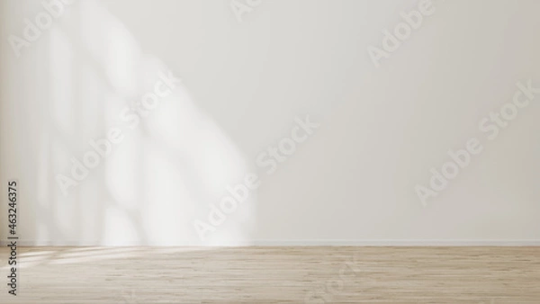 Fototapeta empty wall mock up, empty room with white wall with sunlight and shadows, wooden floor, 3d illustration