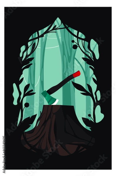 Fototapeta Ax in the stump. Forest. Deforestation, ecology. Vector illustration.