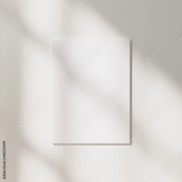 Fototapeta blank poster mock up with sunlight and window shadows on white wall background, 3d rendering